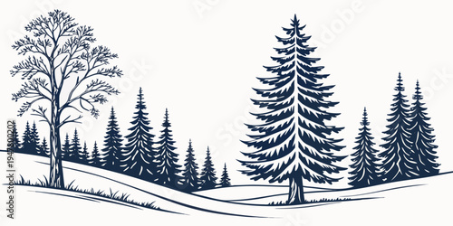 A blue and white drawing of a snowy forest with pine trees and a deciduous tree Vector