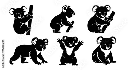 Set of Black Koala Silhouettes in Various Poses on White Background