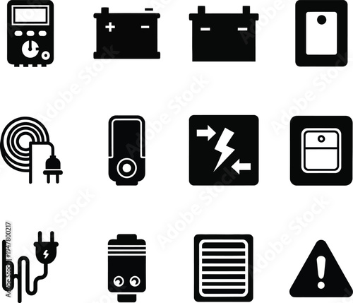 Collection of black electrical including multimeter battery plug and warning sign electricity power energy