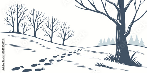 A serene winter landscape with a tree and footprints in the snow Vector
