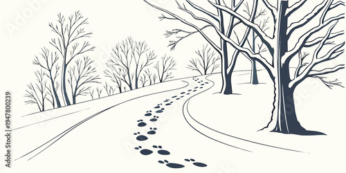 A snowy landscape with bare trees and animal tracks Vector