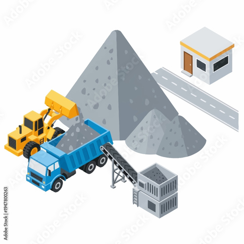 Isometric illustration of a quarry with machinery and piles of gravel.