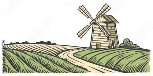 A small windmill standing in a field of green crops Vector