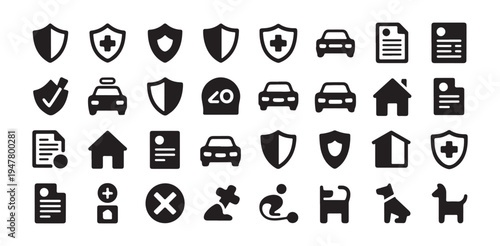 Insurance coverage and risk management icons for vehicle home health pets and life policy documents