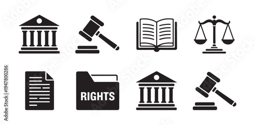 Legal rights and court house icons including justice scales judge hammer and legislative documents