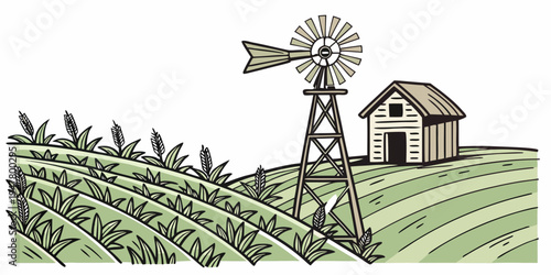 A windmill and a house on a green field Vector