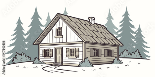 A small house in the woods with a snow covered roof Vector