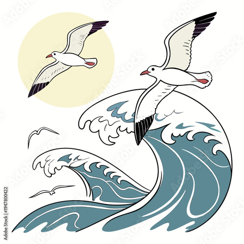 Seagulls flying over a large ocean wave Vector