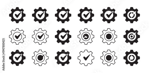 Gear and cog icons with checkmarks and process symbols for settings