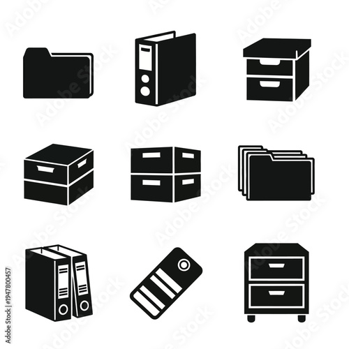 Collection of black office supply on white background folder binder drawer