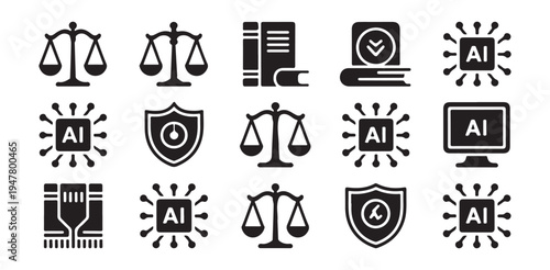 Artificial intelligence regulation and legal tech vector icons set displaying scales of justice and processors