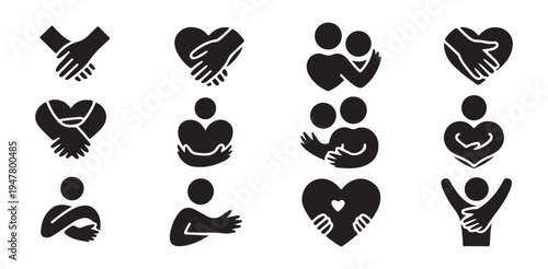 Empathy care love and relationship vector icons showing hugging hands shaking and human support symbols