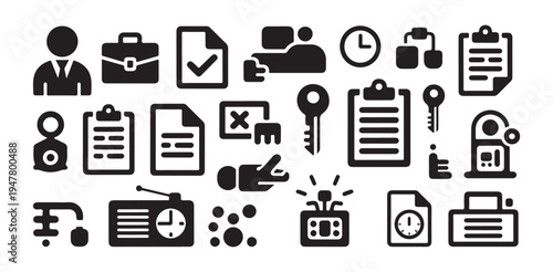 Business administration management and office workflow vector icons including documents time and key symbols