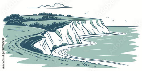 A scenic cliffside by the ocean with a winding path Vector