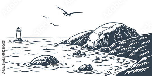 A rocky coastline with a lighthouse and seagulls flying overhead Vector