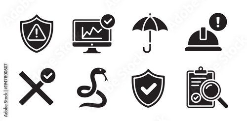 Safety shield warning graph umbrella hard hat snake review clipboard magnifying glass