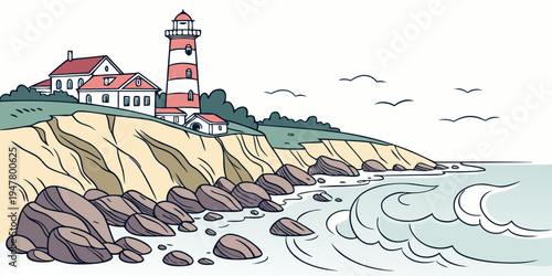 A red and white lighthouse on a rocky cliffside by the sea Vector