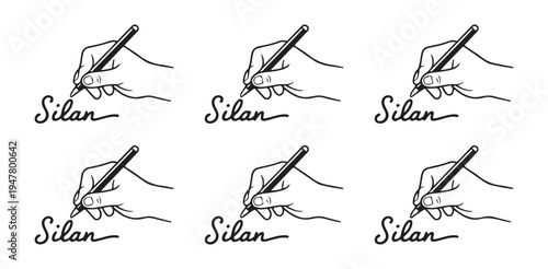 Set of human hand holding pen signing silan name signature line art illustration vector collection