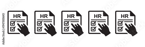 Human resources hr document icons set with hand pointing to checklist form black solid illustration
