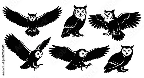 Set of Black Owl Silhouettes in Various Poses
