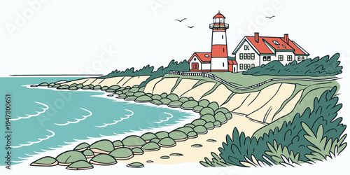 A small lighthouse on a rocky coastline Vector