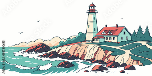A lighthouse on a rocky coastline by the sea Vector