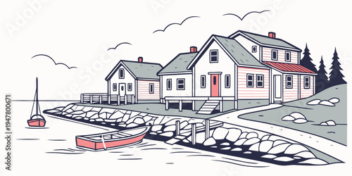 A house by the water with a boat in front Vector