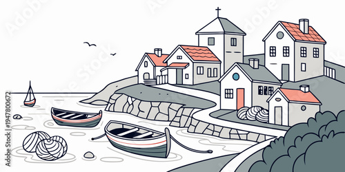 A small coastal town with boats and buildings Vector