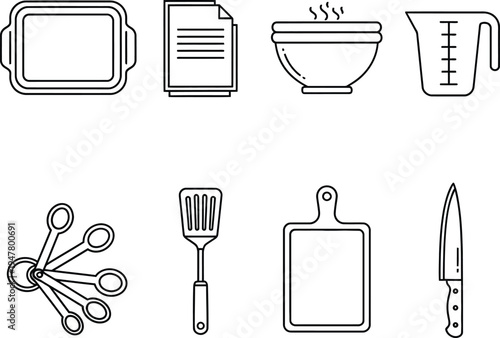 Collection of black outline kitchen utensils and cooking on white background baking sheet documents bowl