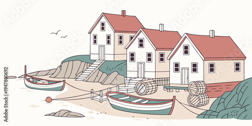 A group of houses on a hill overlooking the sea Vector