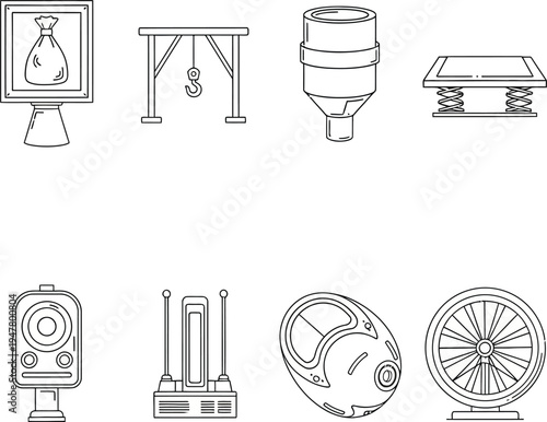 Collection of eight black and white line depicting various and machinery symbol line black and white