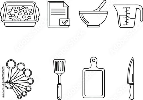 Collection of black outline kitchen on white background baking dish with circles document with checkmark