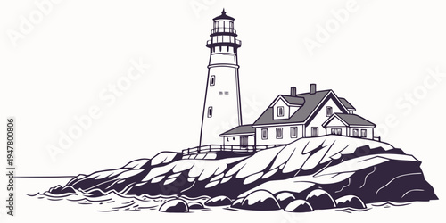 A black and white drawing of a lighthouse on a rocky shore Vector
