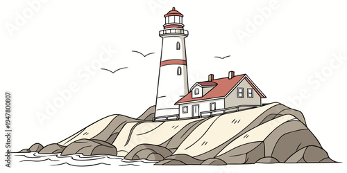 A white lighthouse on a rocky cliffside Vector