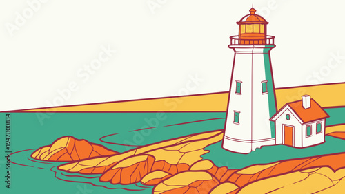 A white lighthouse with a red roof on a rocky coastline Vector
