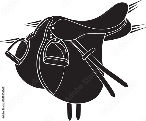 English riding saddle vector silhouette illustration with stirrups and girth