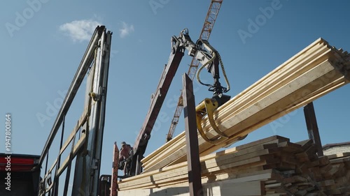 The process of loading wooden logs onto special equipment in the summer
