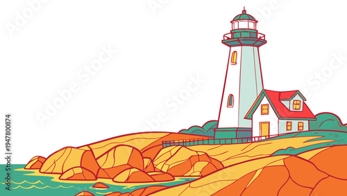 A lighthouse on a rocky cliff by the sea Vector