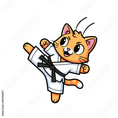 Cute Karate Cat Character High Kick Martial Arts Cartoon Ginger Kitten Vector Illustration
