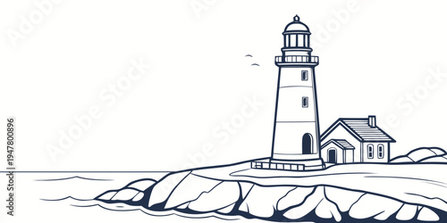A lighthouse on a rocky coast with a small building Vector
