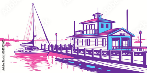 A colorful illustration of a pier with a building Vector