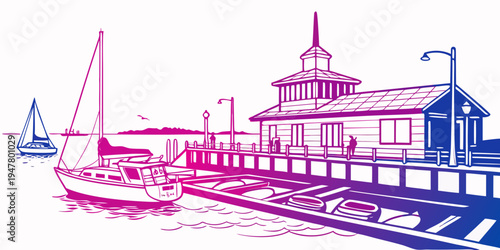 A pink and blue illustration of a building on a dock Vector