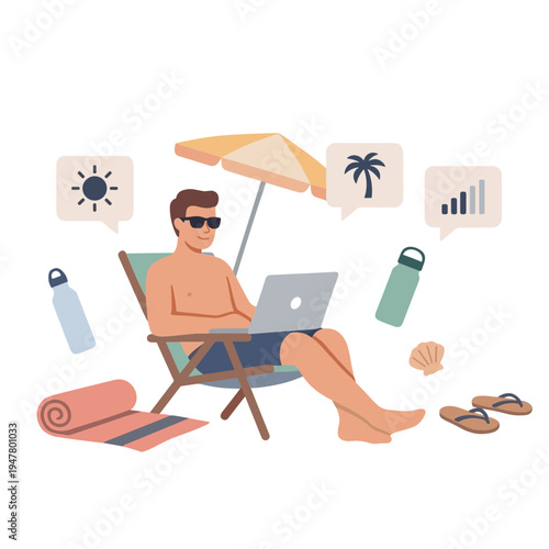 Man works on laptop while sitting on beach chair under umbrella