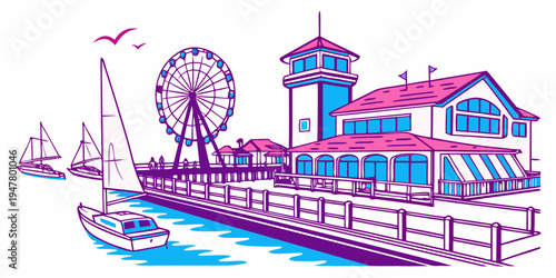 A colorful illustration of a pier with a building and a ferris wheel Vector