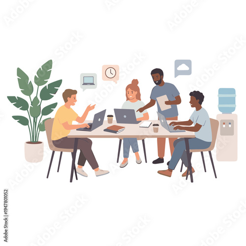 Colleagues collaborating on laptops around a table in an office setting