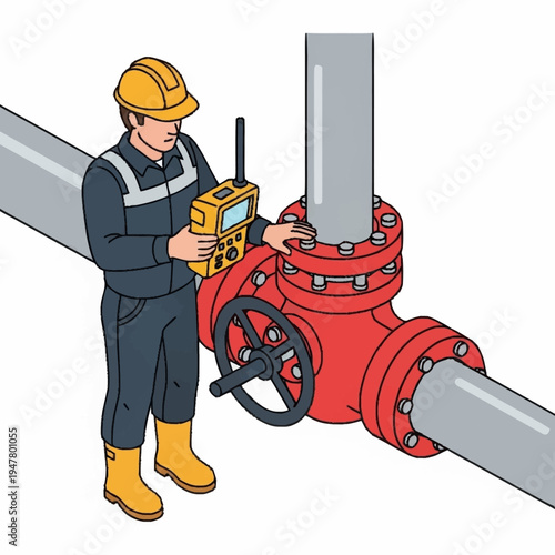 Worker inspecting a large valve on a pipeline with a handheld device.