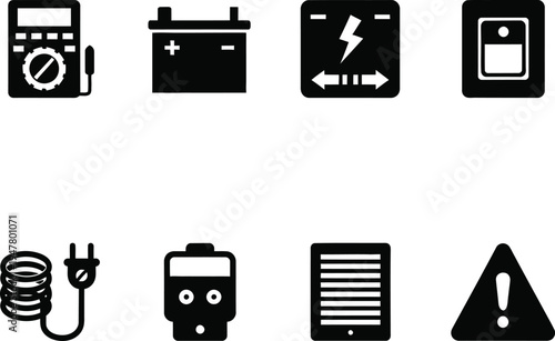 Set of black representing electrical components and symbols battery multimeter plug switch