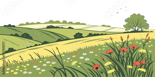A field of flowers and a tree on a green hill Vector