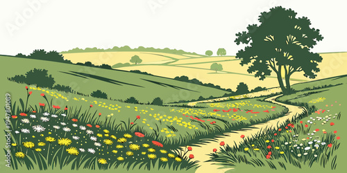 A serene landscape with a dirt path and a tree Vector