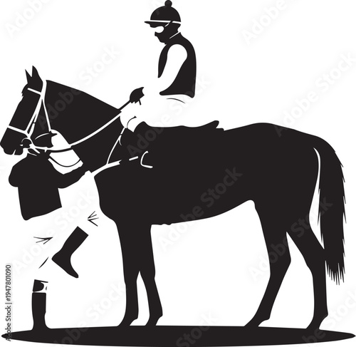 Jockey riding horse vector silhouette illustration with racing tack and bridle
